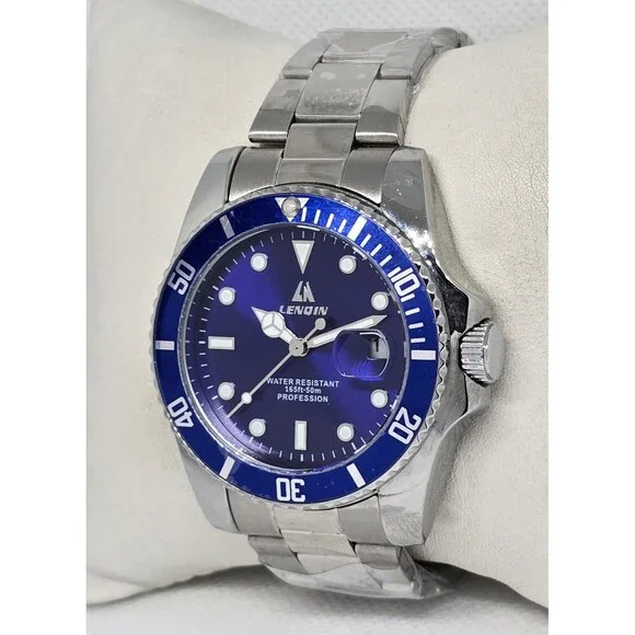 Men's Lenqin Classic Silver Tone Blue Dial Luminous Date Bracelet Watch 13 - Picture 2 of 8